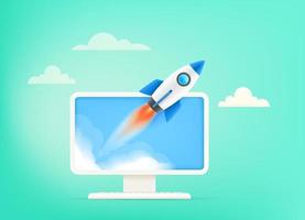 Start up your business concept. Begin business vector illustration with rocket and computer