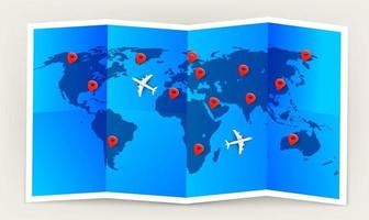 World map with pins and aircraft models vector