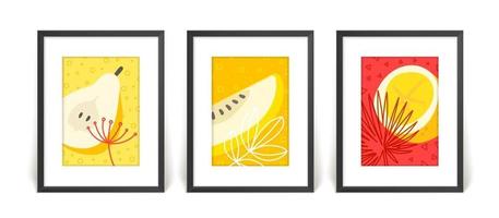 Three posters with abstract compositions. Frames on a wall vector