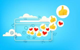 Social media reaction. Concept with cute 3d style and doodle vector elements