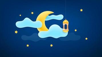 Islamic holidays decoration. Vector banner with moon and stars. Plasticine effect illustration
