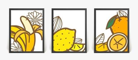 Three posters with abstract compositionswith yellow fruits. Frames on a wall vector