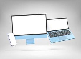 Modern color desktop personal computer, laptop and smartphone mockup. Levitation effect vector