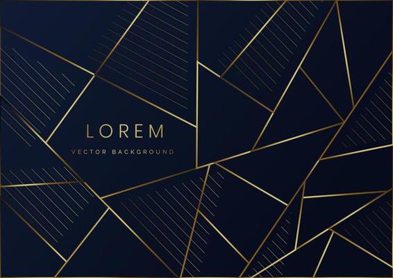 Abstract triangles dark blue layer luxury background with golden line diagonal on dark blue background.