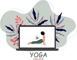 Yoga online class landing page template concept. Girl doing yoga online at home using her laptop. Vector flat cartoon illustration