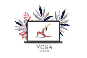 Yoga online class landing page template concept. Girl doing yoga online at home using her laptop. Vector flat cartoon illustration