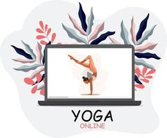 Yoga online class landing page template concept. Girl doing yoga online at home using her laptop. Vector flat cartoon illustration