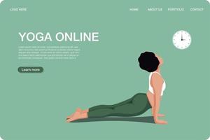 Yoga online class landing page template concept. Girl doing yoga online at home using her laptop. Vector flat cartoon illustration