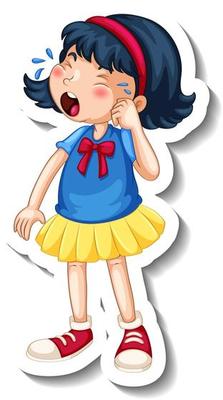 Sticker template with a girl crying cartoon character isolated