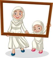Happy mother and daughter holding photo frame vector