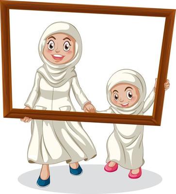 Happy mother and daughter holding photo frame