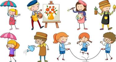 Set of different doodle kids cartoon character vector