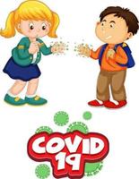 Covid-19 font in cartoon style with two kids do not keep social distance isolated on white background vector