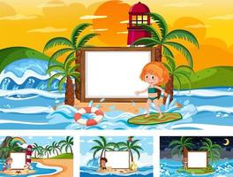 conjunto de pancartas en blanco en diferentes escenas de playas tropicales vector