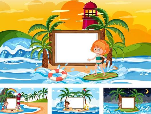 Set of blank banner in different tropical beach scenes