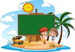 Empty banner template with kids on vacation at the beach on white background vector