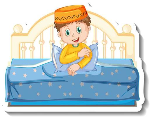 A sticker template with muslim boy sitting on the bed