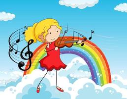 Cartoon doodle a girl playing violin with rainbow in the sky