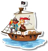 una plantilla de pegatina con piratas en el barco aislado vector