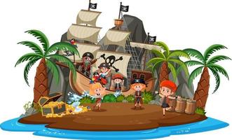 Pirate ship on island with many kids isolated on white background vector