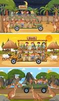 Conjunto de diferentes escenas horizontales de safari con personajes de dibujos animados de animales y niños vector