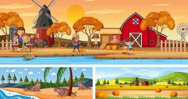 escenas de paisajes panorámicos al aire libre con personaje de dibujos animados vector
