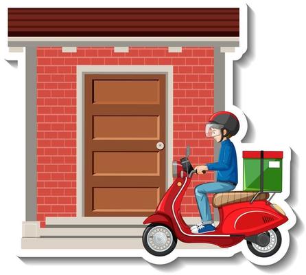 A sticker template with delivery man riding scooter