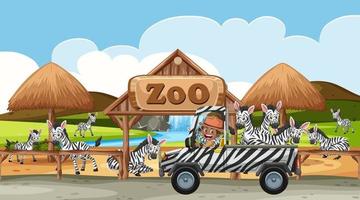 Safari scene at daytime with zabra group on pickup truck vector