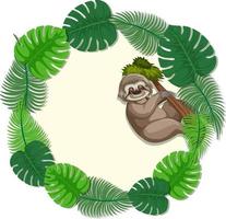 Round green monstera leaves banner template with a sloth cartoon character vector