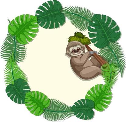 Round green monstera leaves banner template with a sloth cartoon character