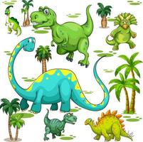 Conjunto de varios dinosaurios aislados personaje de dibujos animados sobre fondo blanco.