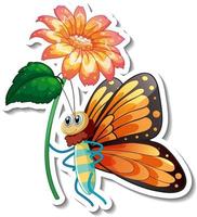 Plantilla de pegatina con personaje de dibujos animados de una mariposa sosteniendo una flor aislada vector