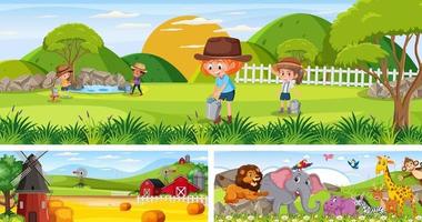 Set of outdoor panoramic landscape with cartoon character vector