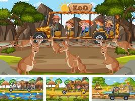Cuatro escenas de zoológico diferentes con niños y animales.