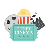 Abstract Cinema Flat Background with Reel, Old Style Ticket, Big Pop Corn and Clapper Symbol Icons. Vector Illustration