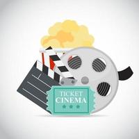 Abstract Cinema Flat Background with Reel, Old Style Ticket, Big Pop Corn and Clapper Symbol Icons vector