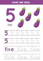 Handwriting practice for kids. Number five. Cartoon eggplants. vector