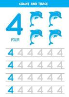 Worksheet for learning numbers with cartoon dolphins. Number Four. vector