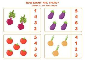 Count all the vegetables. Beetroots, tomatoes, eggplant and onions. vector