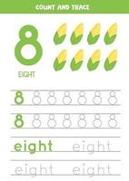 Handwriting practice for kids. Number eight. Cartoon corncobs. vector