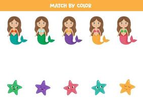 Match mermaids and starfish by colors. Educational worksheet. vector