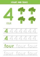 Worksheet for learning numbers and letters with cartoon broccoli. Number Four. vector