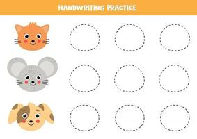 Trace the mouse, cat and dog. Writing practice for children. vector