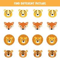 Find different picture in each row. Cute cartoon animal faces. vector