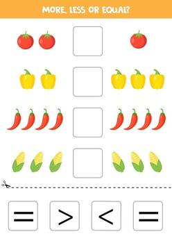 compare la cantidad de verduras. más, menos o igual. vector
