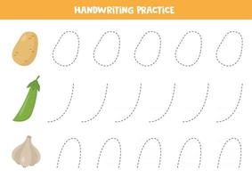 Tracing lines for kids. Cute cartoon garlic, potato and green pea. vector