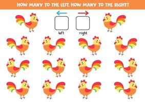 Left or right with cute cartoon farm rooster. vector