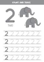 Worksheet for learning numbers with cute elephants. Number 2. vector