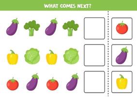 What comes next with cartoon vegetables. Eggplant, broccoli, tomato, pepper, cabbage vector