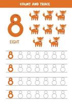 Worksheet for learning numbers with cute foxes. Number 8. vector